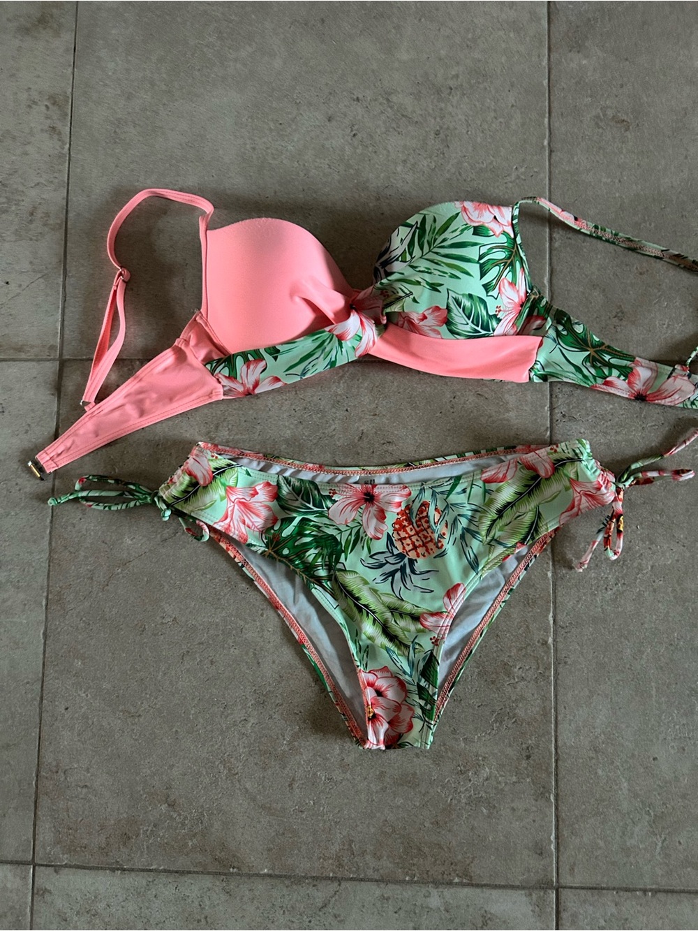 Floral Tropical Tie-Side Bikini Set - Pink & Green